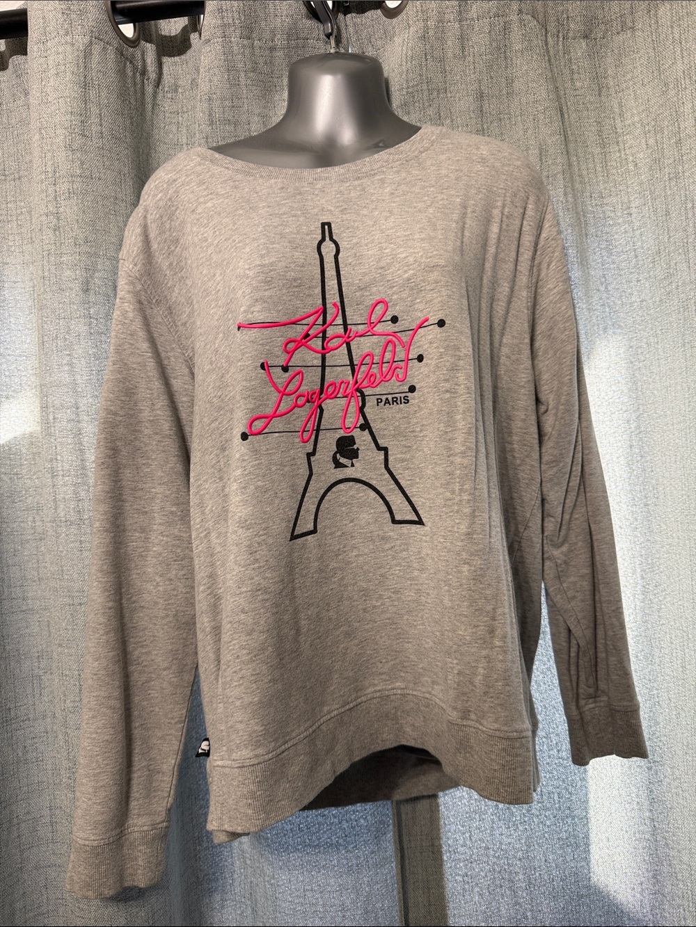 Karl Lagerfeld Gray Sweatshirt with Pink Script & Eiffel Motif